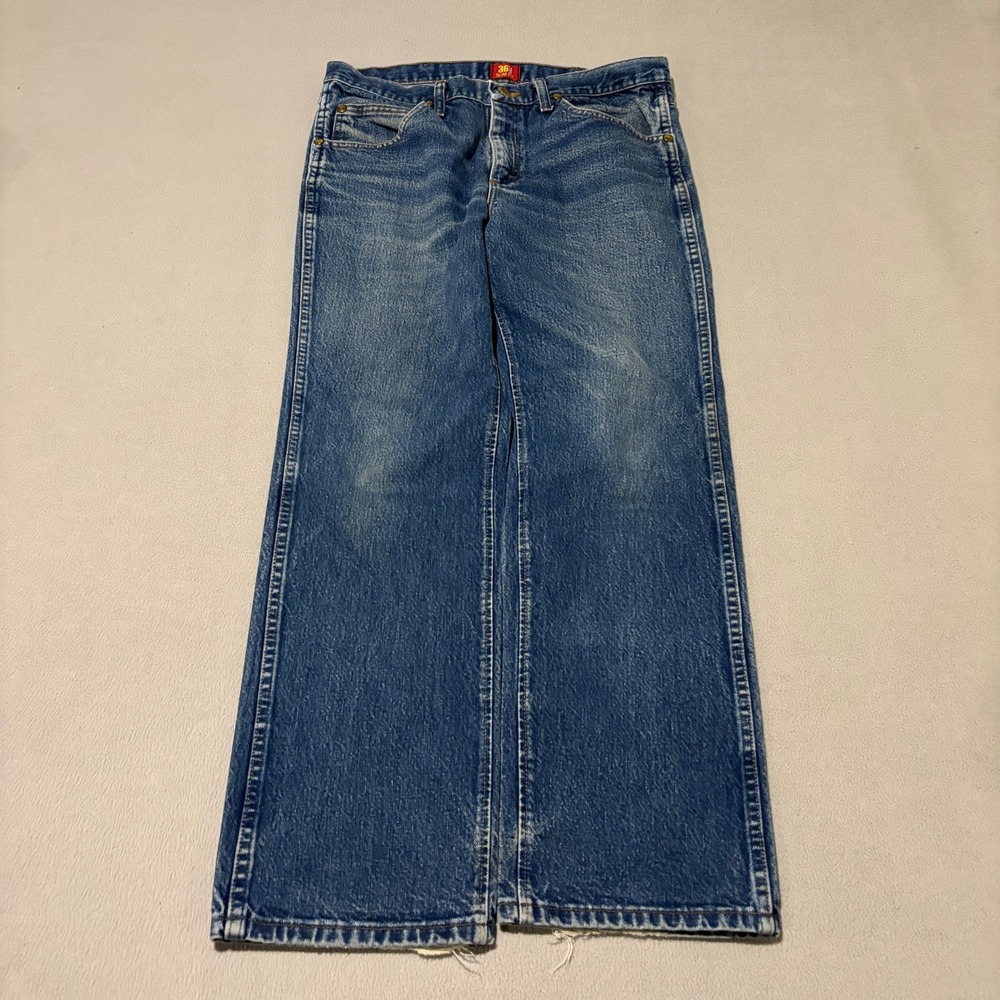 Wrangler Slim Fit Mens Jeans 33x30 Medium Wash Denim Distressed Hemmed